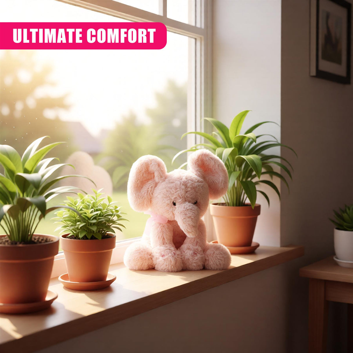 A plush elephant toy sits on a windowsill surrounded by potted plants. The toy is pink and has a soft, fluffy texture. The plants are in terracotta pots and have green leaves. The windowsill is made of wood and has a few plants and a toy elephant. The background is a window with a view of a garden. - UKBuyZone