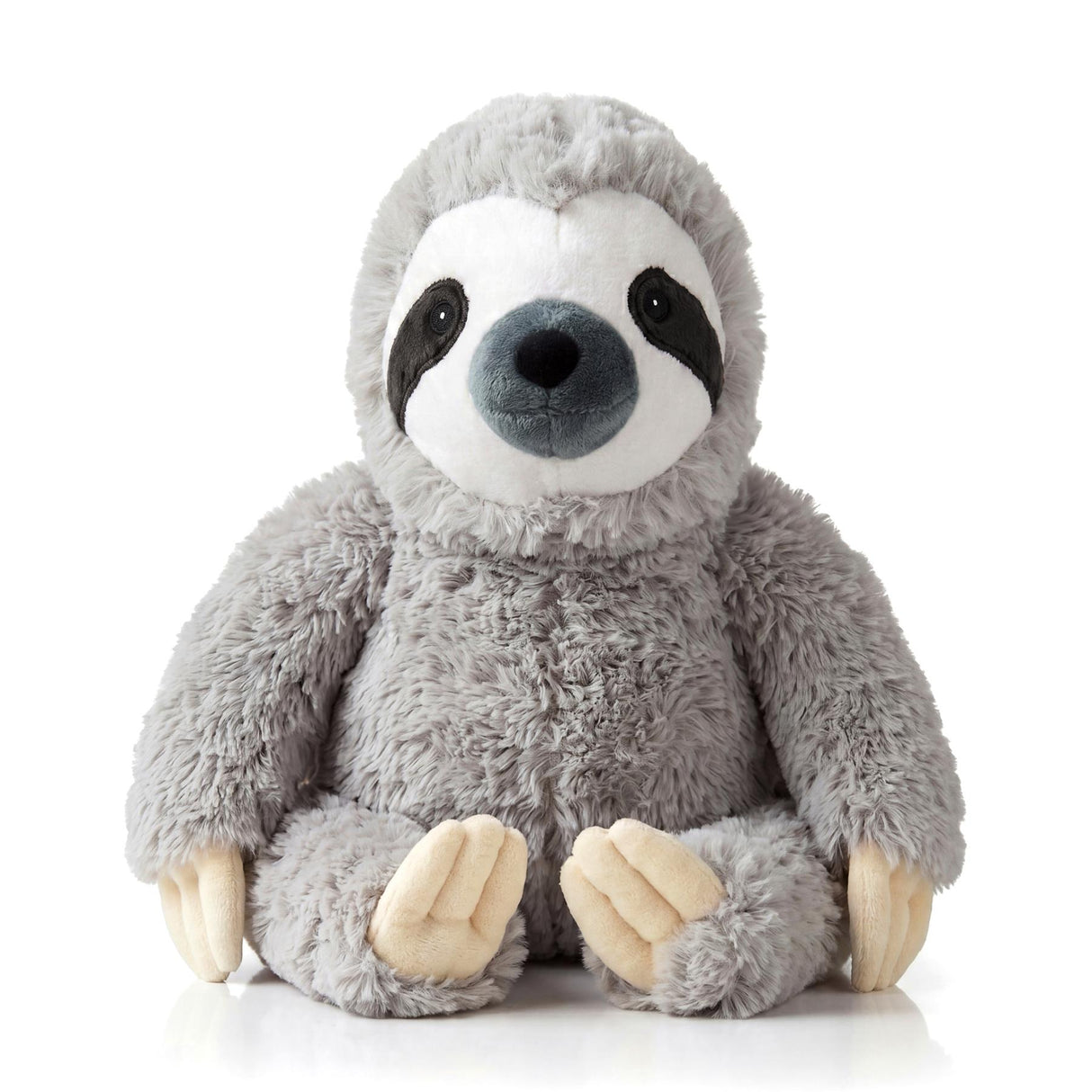 Fuzzy plush sloth toy with grey fur and black eye markings, sitting upright.