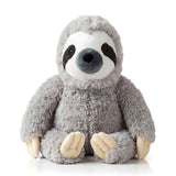 Fuzzy plush sloth toy with grey fur and black eye markings, sitting upright.