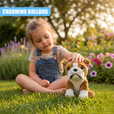 Young girl sitting outside in grass next to a plush, brown and white British Bulldog toy.