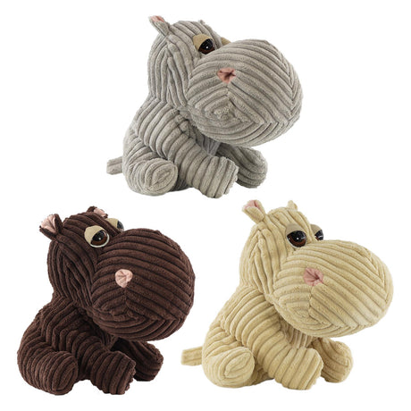 Three corduroy hippo door stoppers in grey, brown and beige