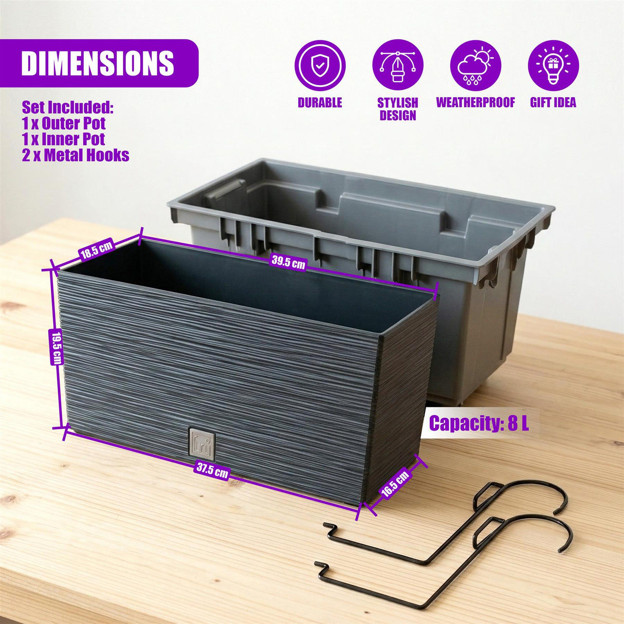 Nested grey rectangular planter pots and two attached metal hooks are arranged on a light wood surface.