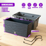Nested grey rectangular planter pots and two attached metal hooks are arranged on a light wood surface.