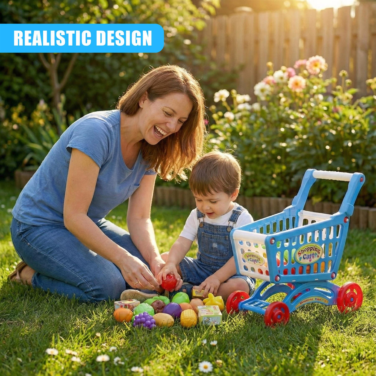 "Realistic Blue Shopping Trolley Cart Play Food Set with Toys and Accessories" - UKBuyZone