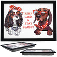 Artwork featuring two dogs and "Keep Calm & Stay Classy" above two matching serving lap trays.