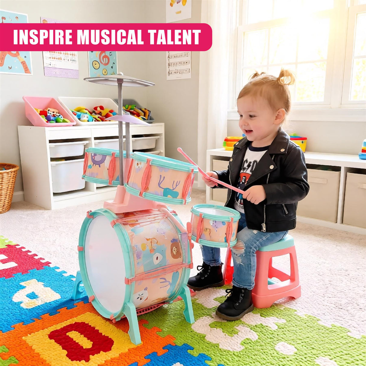 Pink and Green Multi functional Kids Jazz Drum Set