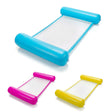 Set of three colorful floating water loungers, including blue, pink, and yellow inflatable designs.