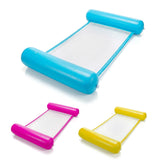 Set of three colorful floating water loungers, including blue, pink, and yellow inflatable designs.
