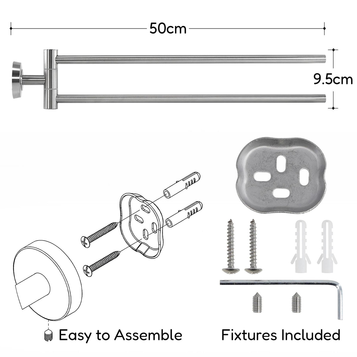 Geezy Towel Rail Double Swivel Wall Mounted 50cm