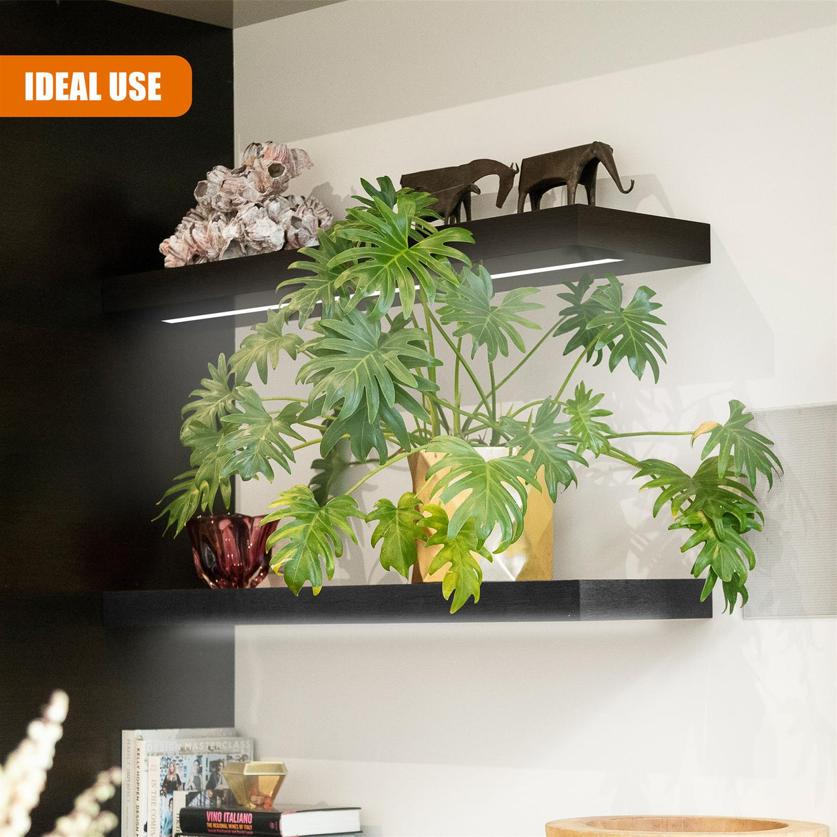 Black Floating Wooden Wall Shelf with LED Lights - 60cm
