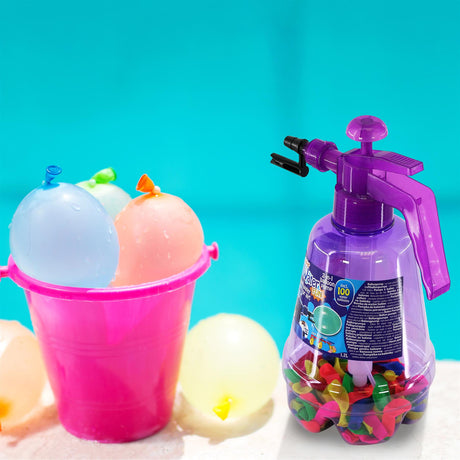 "The image shows a colorful toy air bomb set with bubblegum-like balls in a pink bucket near the inflatable balls, set against a blue background."