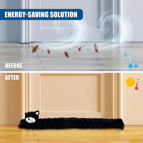 Long black faux fur draft stopper featuring a stylized cat head design.