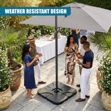 The cantilever parasol features a wide white canopy attached to a square black base.
