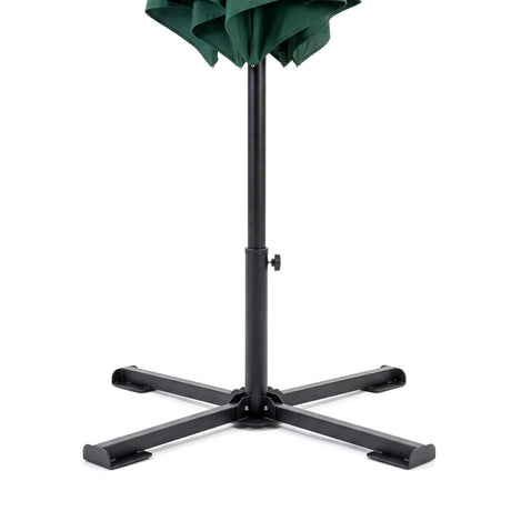 Folding dark green parasol with a black metal center pole and sturdy supporting base.