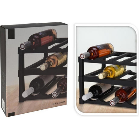 Stack of six wine bottles on a black rack against white background.