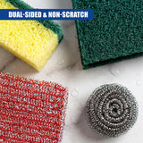 Yellow sponge, dark green scouring pad, red scrubbing pad, and gray mesh scrubber are displayed.