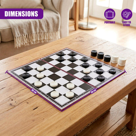 A folding draughts game board with checkerboard squares and pieces resting on a wooden table.