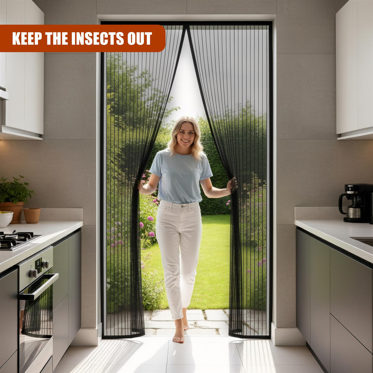 A woman stands in a kitchen, holding open a sliding door with a magnetic screen door, allowing a view of a garden outside. The door is covered in a mesh screen, and a sign above it reads "Keep the Insects Out". - UKBuyZone
