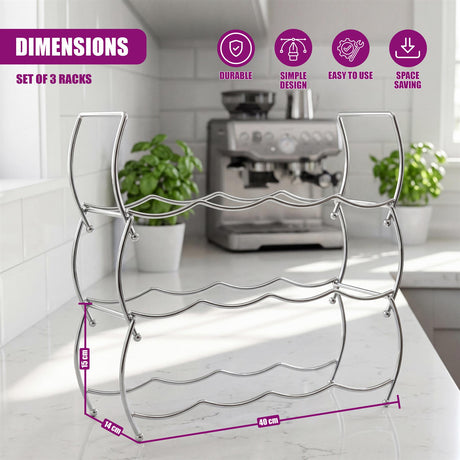 Three-tiered wire metal wine rack set designed to hold bottles horizontally.