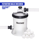 Bestway filter pump unit featuring connections and a grouping of white spherical filtration balls.
