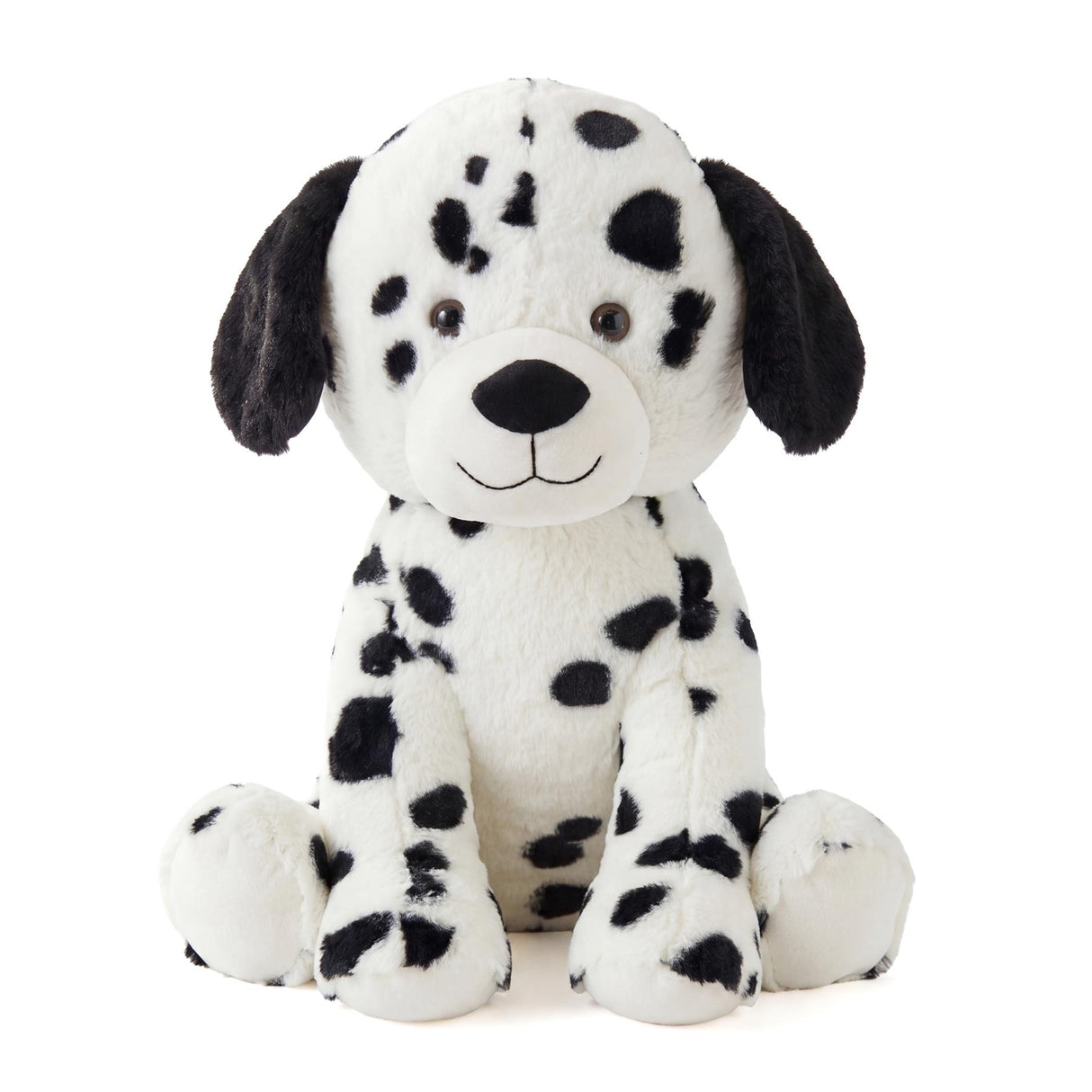 Plush stuffed toy of a Dalmatian puppy with black spots and floppy black ears.