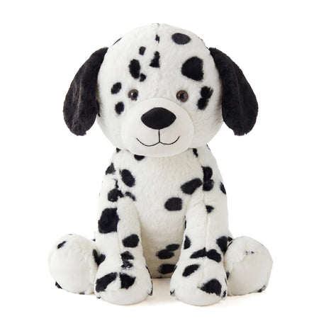 Plush stuffed toy of a Dalmatian puppy with black spots and floppy black ears.