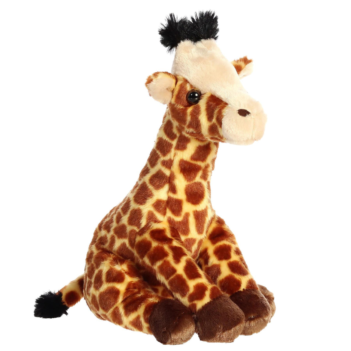 A stuffed giraffe plush with patterned brown and tan spots, depicted sitting upright.
