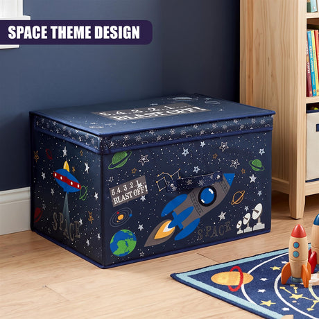 A large blue storage box with a space theme design featuring stars, planets, rockets and UFOs, placed on a wooden floor next