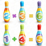 Colorful plastic bowling pins designed for counting and practicing basic arithmetic equations.