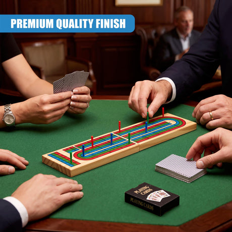 A wooden cribbage board game on a green felt table with players holding cards and placing pegs