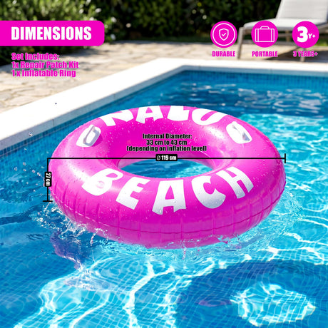 Pink inflatable ring with white lettering, floating in a blue swimming pool.