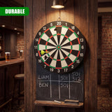 Double-sided dartboard, darts, and chalkboard score area mounted on wood.