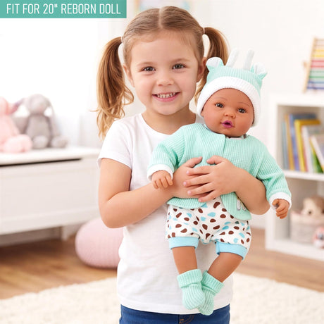 A doll outfit set featuring a mint green jacket, patterned pants, and white booties for reborn dolls.