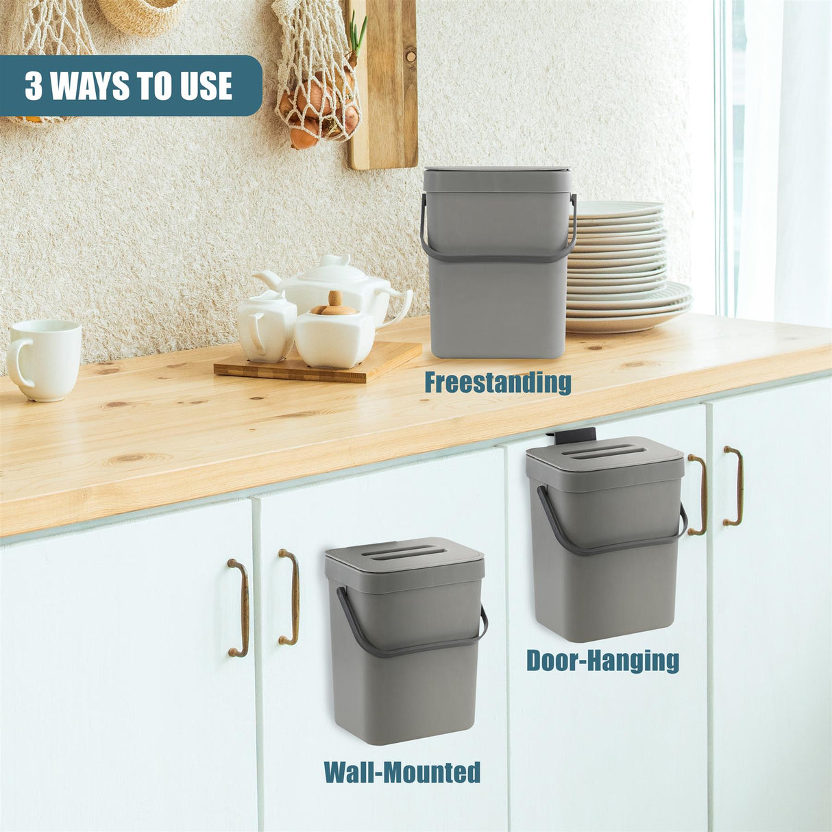 Hanging Kitchen Waste Bin with Lid 3L by GEEZY - UKBuyZone