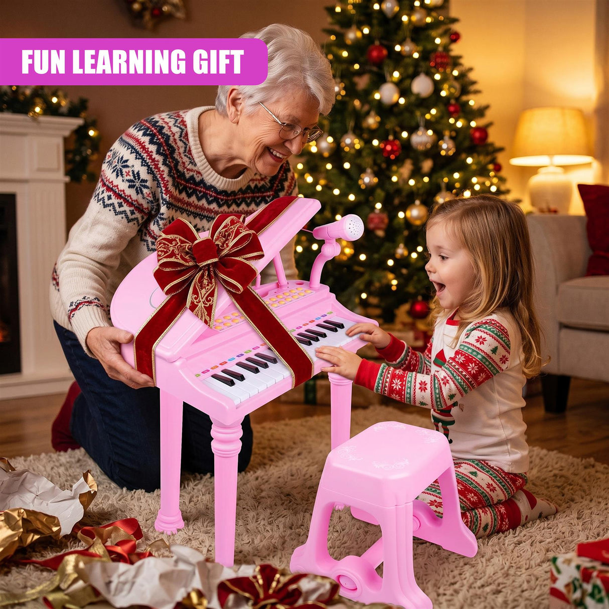 Pink Electronic Piano With Microphone and Stool