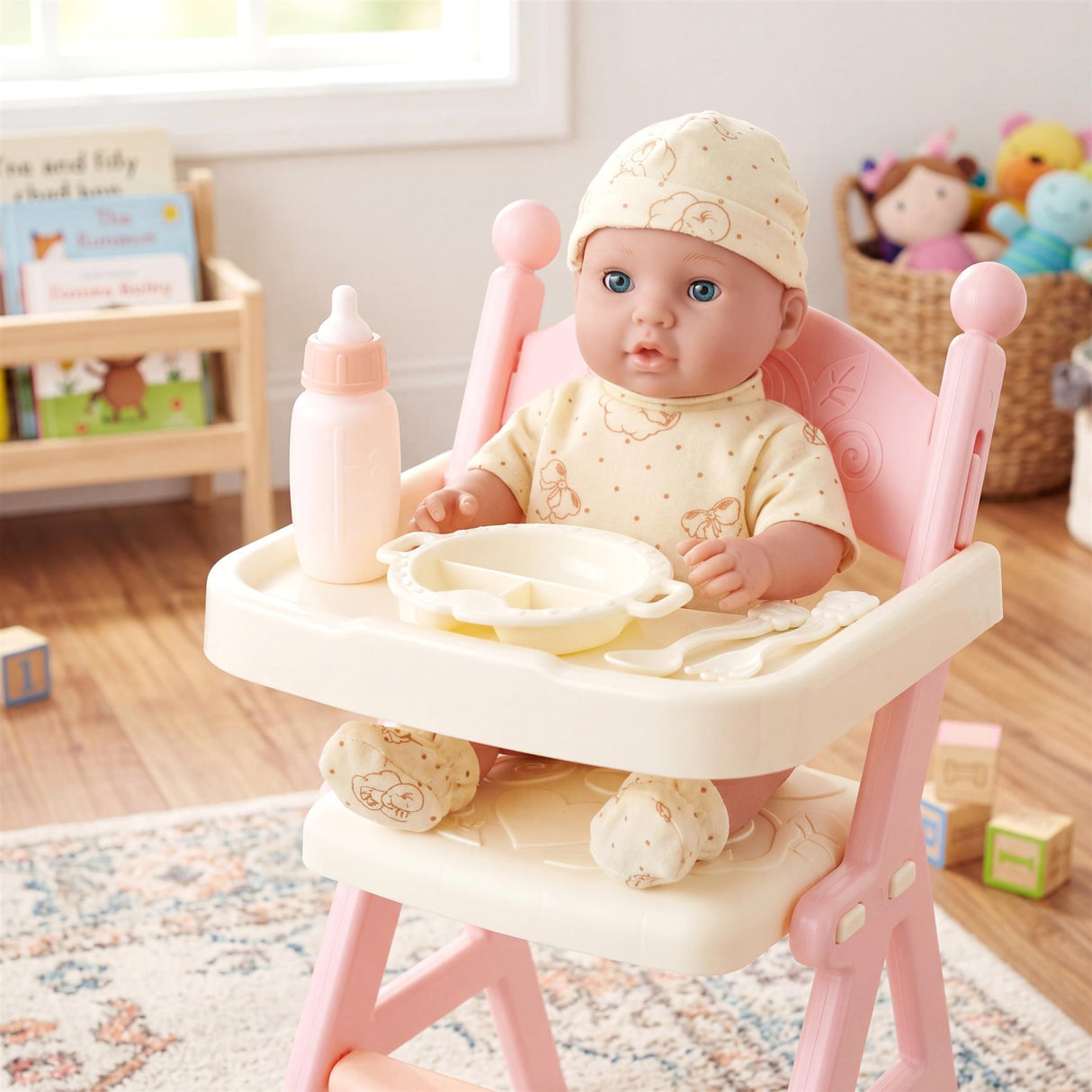 Doll sits in a pink high chair with a white tray, bottle, bowl, and washcloths accessory set.