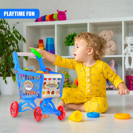 Blue Shopping Trolley Cart Play Food Set by The Magic Toy Shop - UKBuyZone