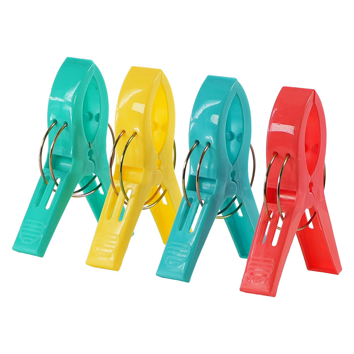 Four plastic clothespin clips in teal, yellow, light blue, and red colors.