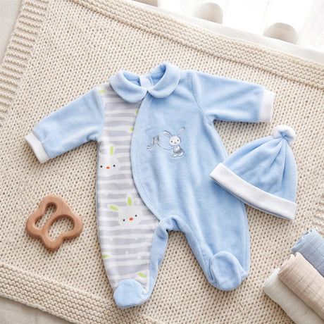 Blue doll clothing set including a patterned sleeper, striped top, knit hat, and wooden accessory ring.