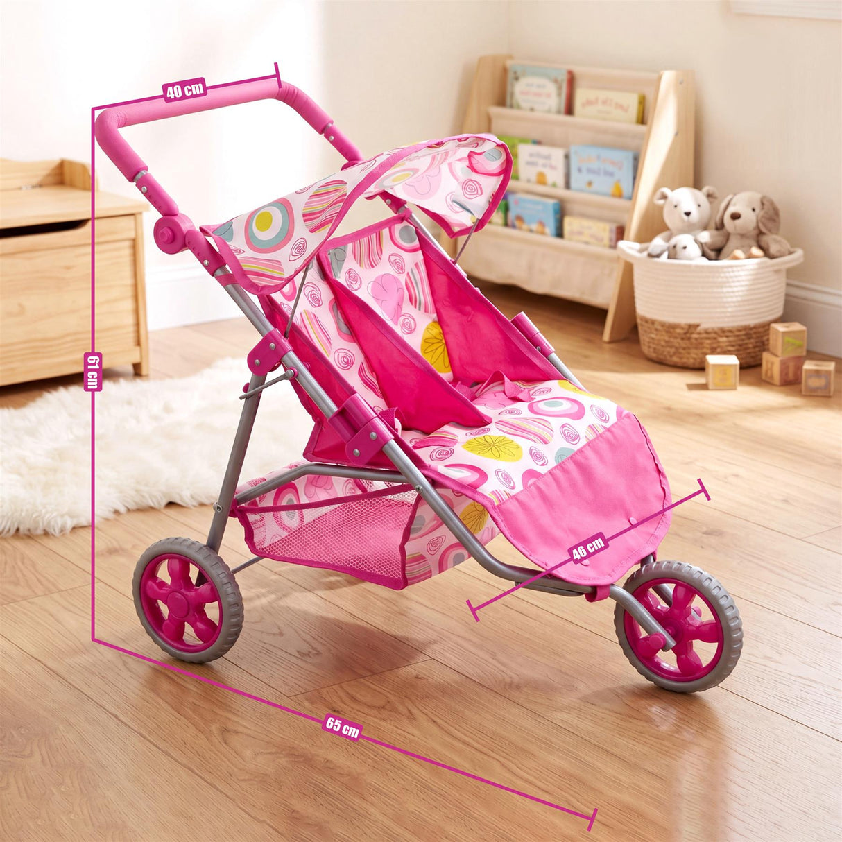 3 Wheeler Twin Doll's Pushchair, Pink