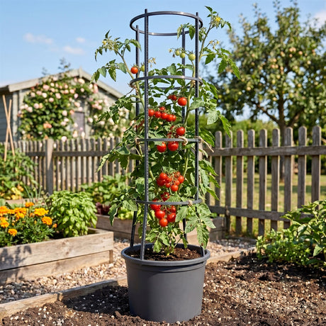 Black tiered trellis holding tomato plants and ripe red tomatoes in a large gray pot.