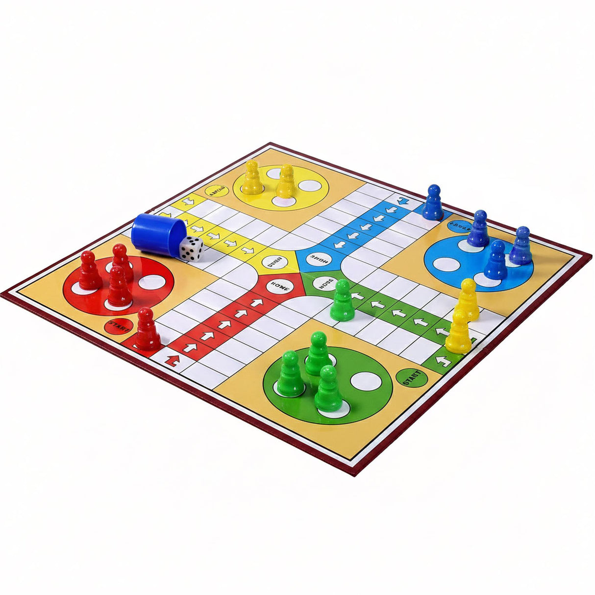 Ludo game board featuring colored paths, four player tokens, and a blue die.