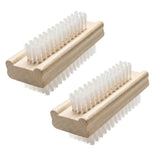 Two light wood, double-sided nail brushes with visible scrubbing bristles for cleaning.