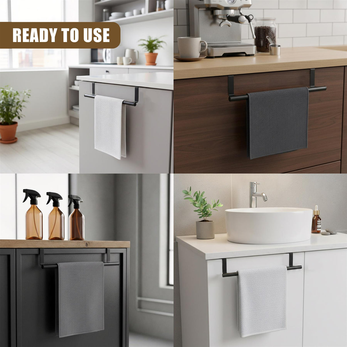 A sturdy, adjustable metal towel rail mounted on kitchen cabinet doors.