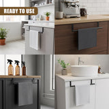 A sturdy, adjustable metal towel rail mounted on kitchen cabinet doors.