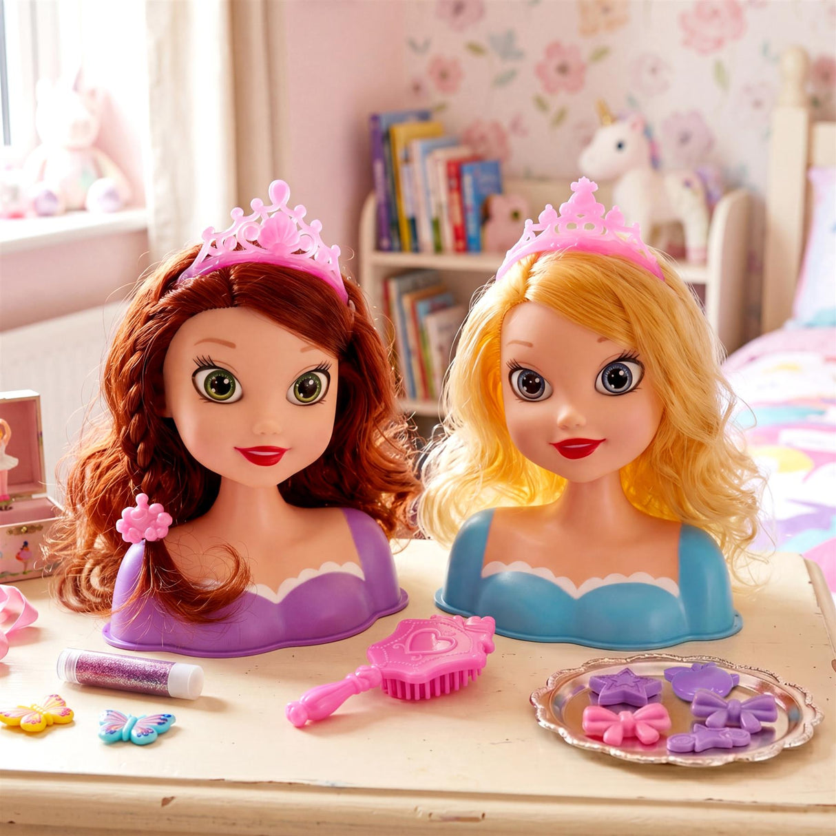 Two doll mannequin heads display various hair styles and associated styling accessories.