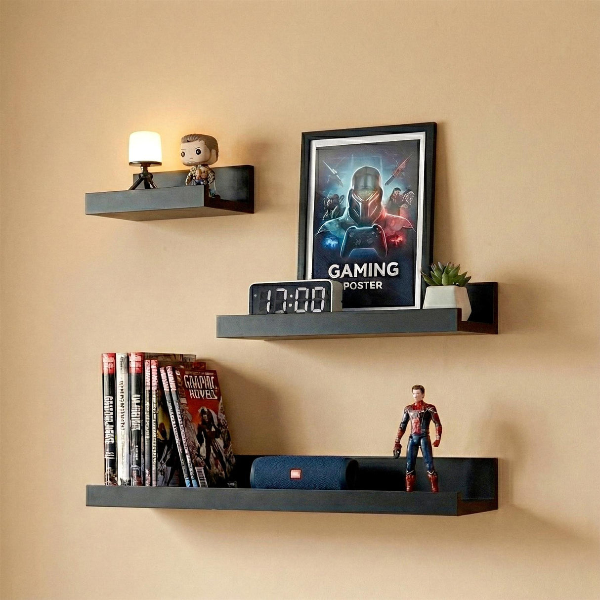 Wall Book Hanging Black Shelf Set of 3