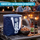 Dark blue cooler bag resting on wood, flanked by pretzel snacks and two beer bottles.