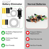 Image comparing a Geezy Battery Eliminator on the left with its features—no battery replacement required, continuous power supply, and eco-friendly—against normal batteries on the right with drawbacks like frequent battery replacement, short service life, and not eco-friendly. Keywords: battery eliminator, eco-friendly power, continuous power supply. ukbuyzone