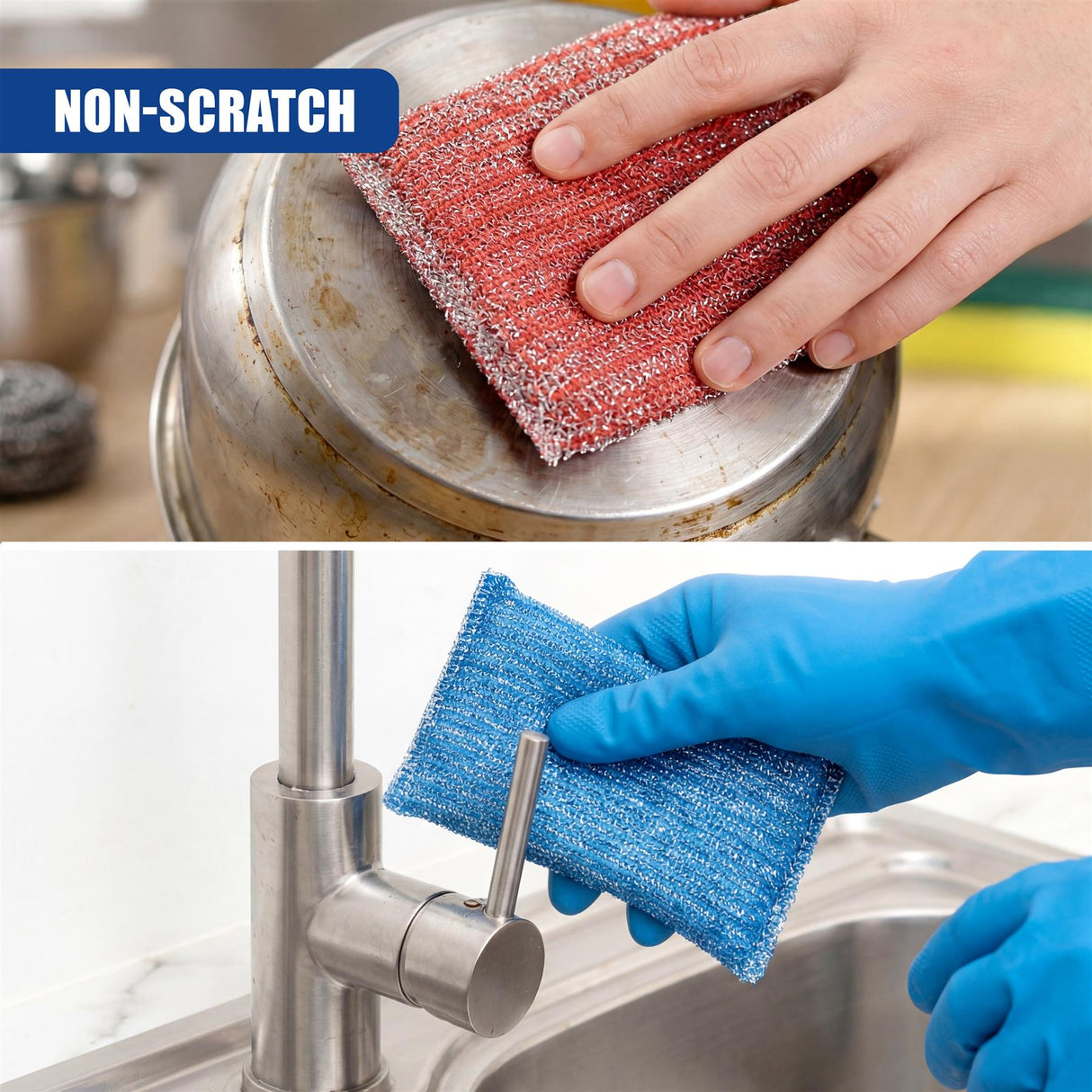 A hand wearing a glove scrubs a pot with a red sponge and cleans a faucet with a blue scouring pad.